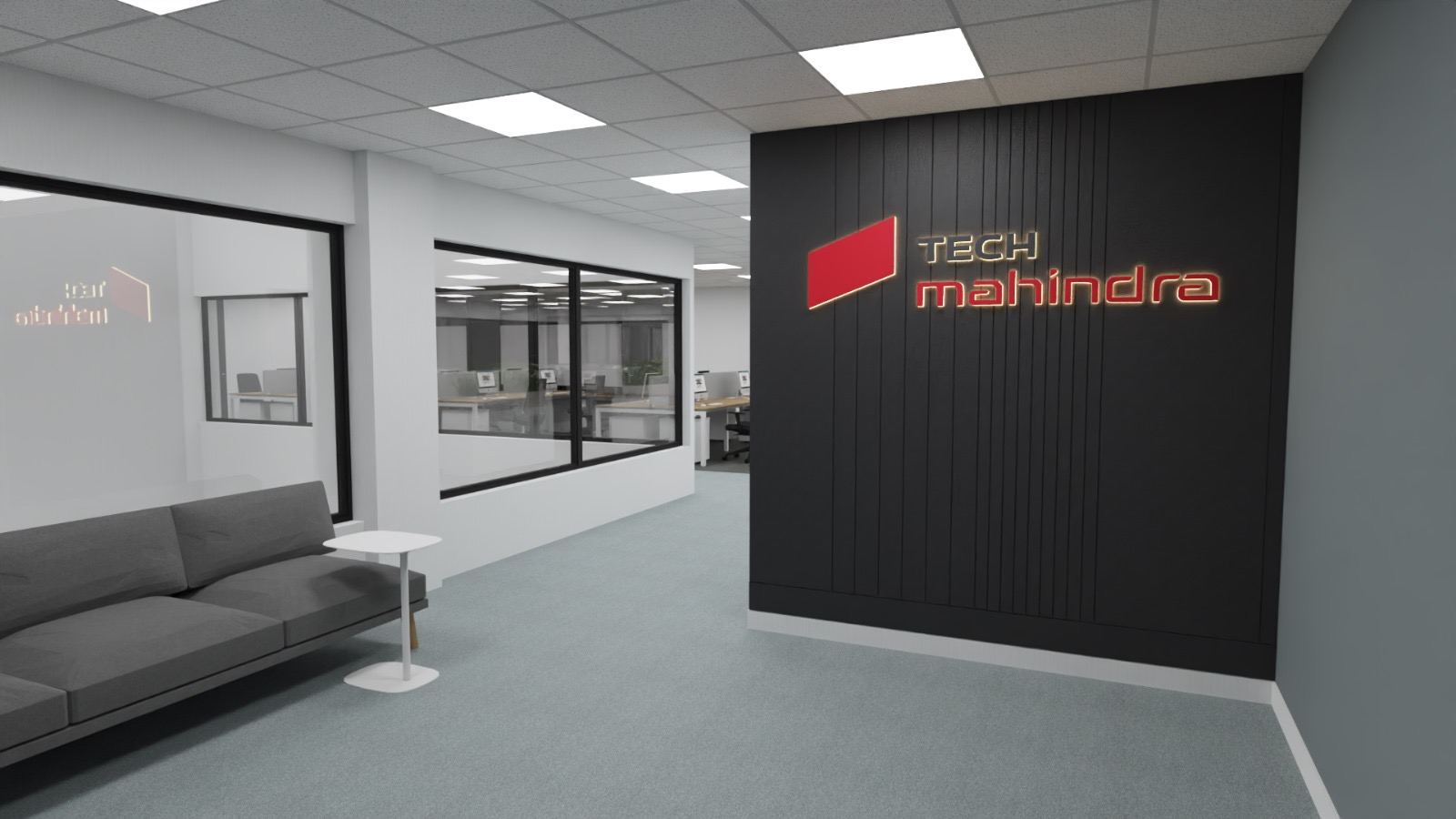 Render 3D zona de espera y lounge