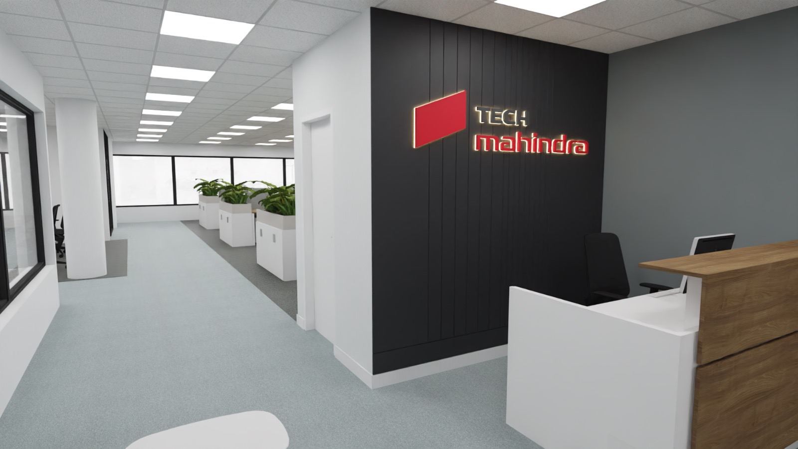 Render 3D diseño recepción corporativa